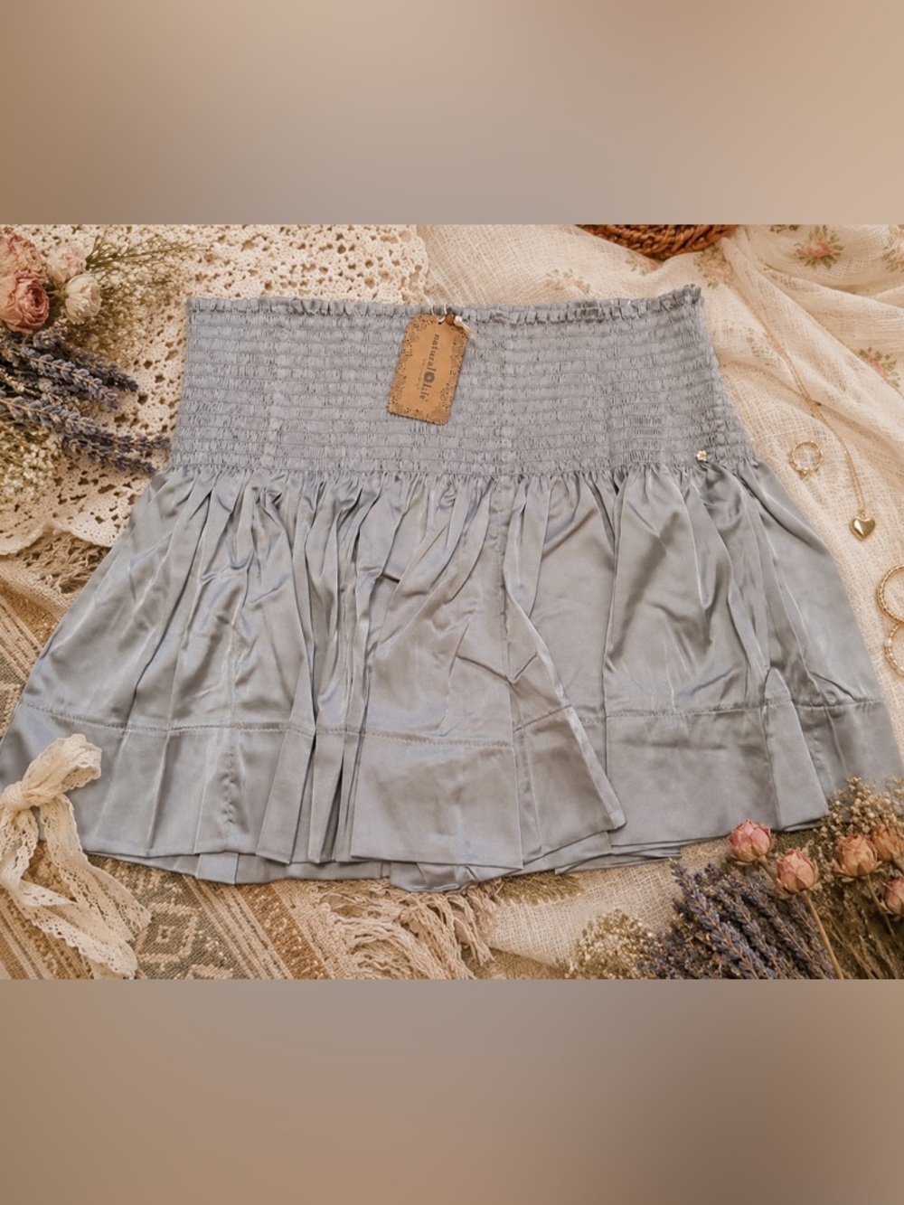 Natural Life NWT Satin Flowy Shorts Gray Silver Smocked Waist L XL Coquette Boho